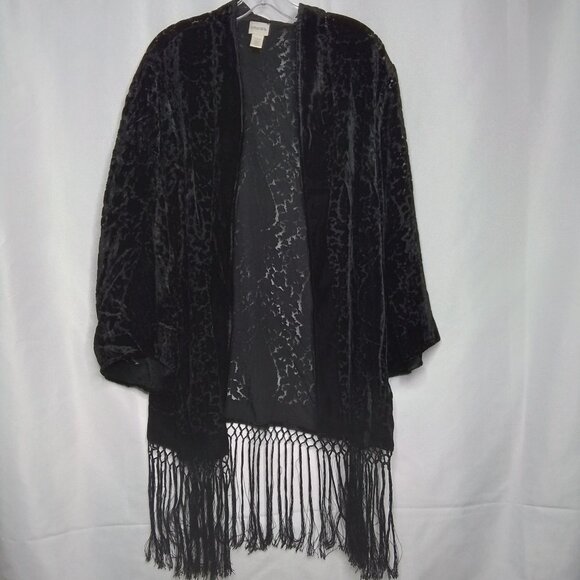 CHICO'S BLACK VELVET BURNOUT FRINGE OPEN CARDIGAN SHAWL WRAP SIZE S/M - Picture 1 of 3
